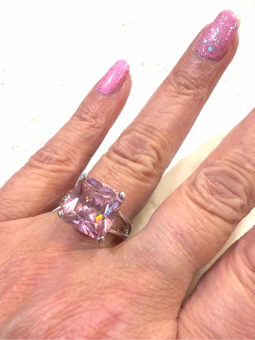 Pink Ice Square-Cut Cocktail Ring Silver Tone size 7